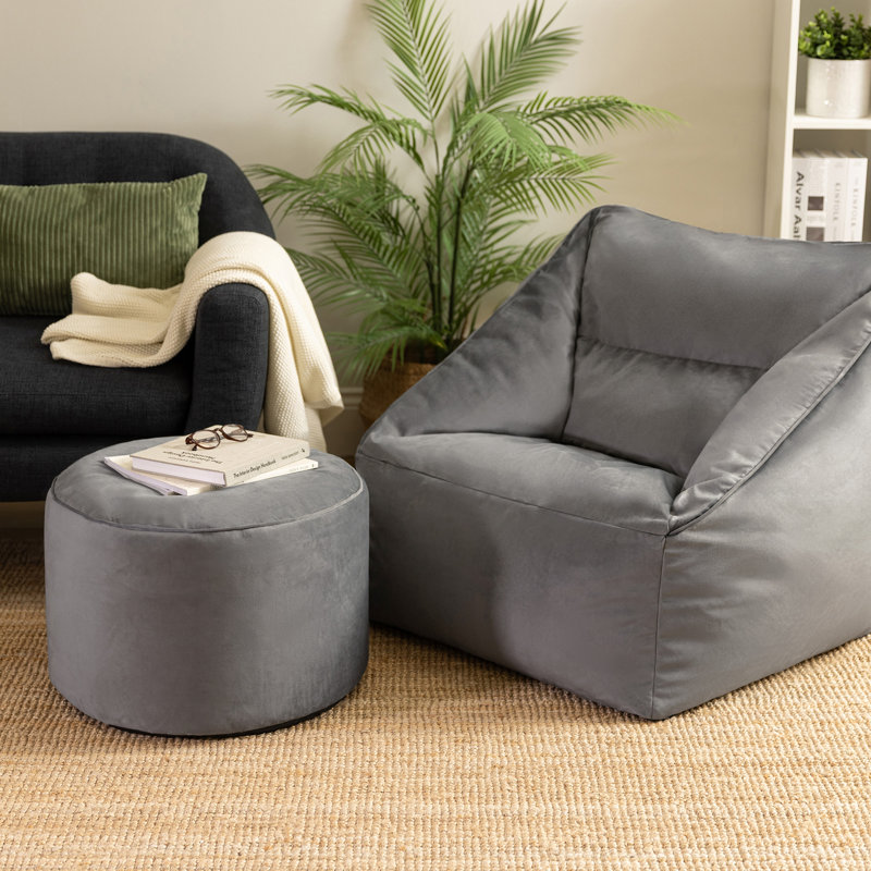 Natalia Velvet Armchair Bean Bag and Round Footstool, Charcoal Grey