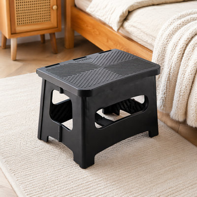9In Folding Step Stool, Compact, Portable, Non-Slip, 300 Lbs. Weight Capacity For Adults And Children. Secure Non-Slip Top And Rubber Feet, Great For Home And Camping, Black Color