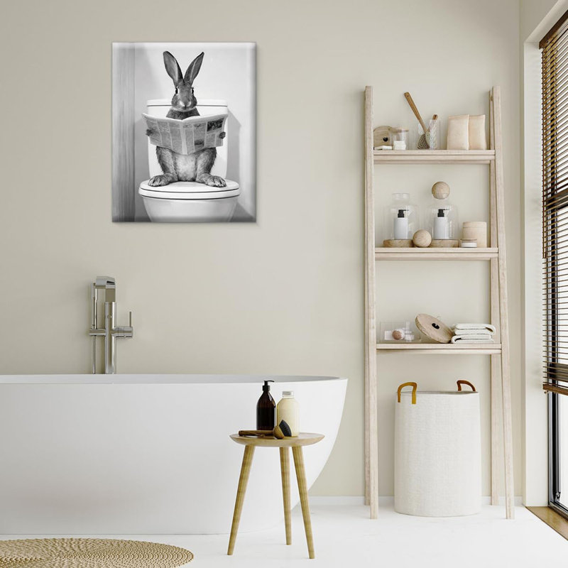 Drôle de lapin de Pâques, art mural, lapin sur toilette, impression sur toile, affiche murale en noir et blanc, 8 x 10 pouces