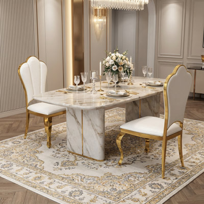 Ensemble de 2 chaises de salle à manger modernes en faux cuir avec dossier haut et pieds en acier inoxydable doré
