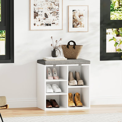 Shoe Storage Bench, 5 Cubbies Shoe Bench with Cushion, 20 Inch Entryway Shoe Organizer, Cubby Shoe Rack with Adjustable Shelves for Entryway Hallway Bedroom Apartment, White