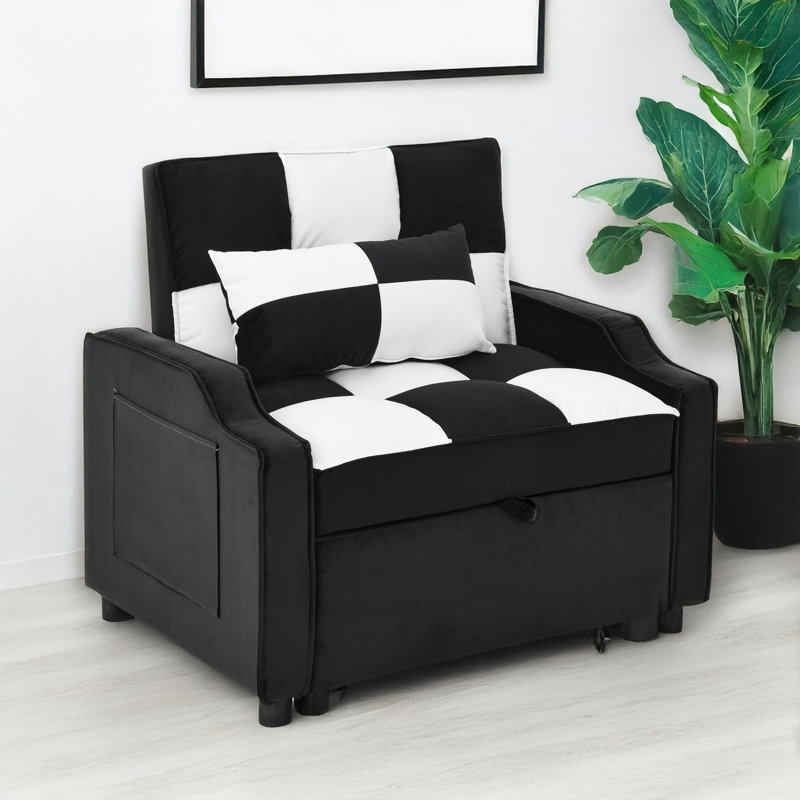 3 in 1 convertible for living room sofa bed check, Black/White