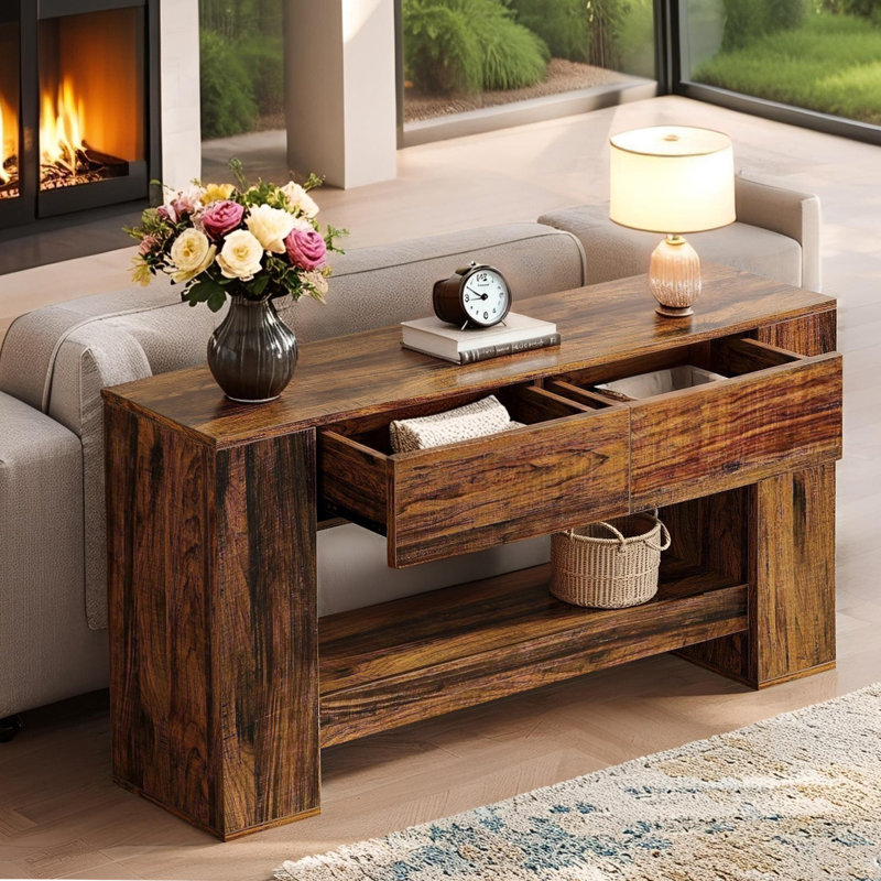 Console 55 po, canapé à 2 niveaux en bois avec 2 tiroirs