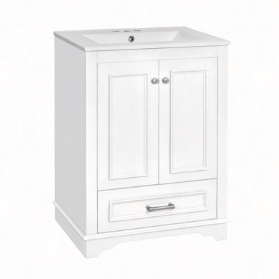 24" Bathroom Vanity With Ceramic Sink Combo, Freestanding Storage Cabinet  With Silver Handles,  Soft Closing Doors