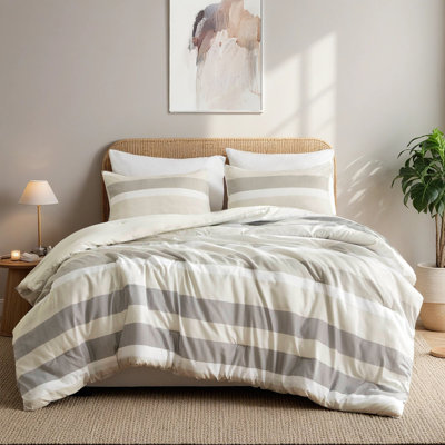 Neutral 3-piece King Bedding Set With Stripe Print, Lightweight Polyester Comforter