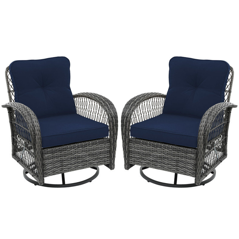 Aksha Outdoor Wicker Patio Rocking Chair with Cushions, Blue, Gray