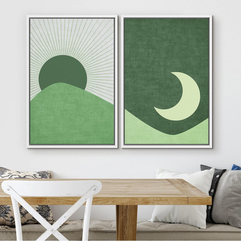 Green Green Sun & Crescent Moon - ensemble de 2 reproductions, Cadre flottant blanc, H 36 po x l 48 po x P 1,5 po