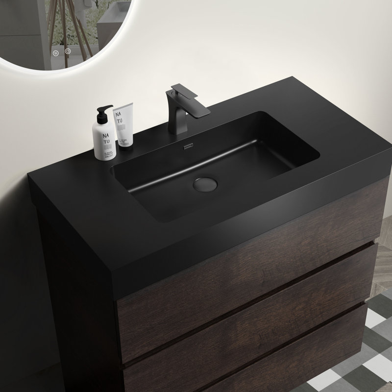Meuble-lavabo en noyer - 36 po, grands compartiments de rangement pour baignoire moderne avec lavabo noir 36 po, Noyer, 35"