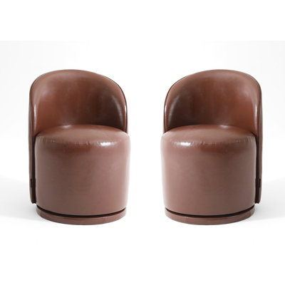 Upholstered Modern Red Brown Faux Leather Barrel Swivel Side Dining Chair (Set of 2)
