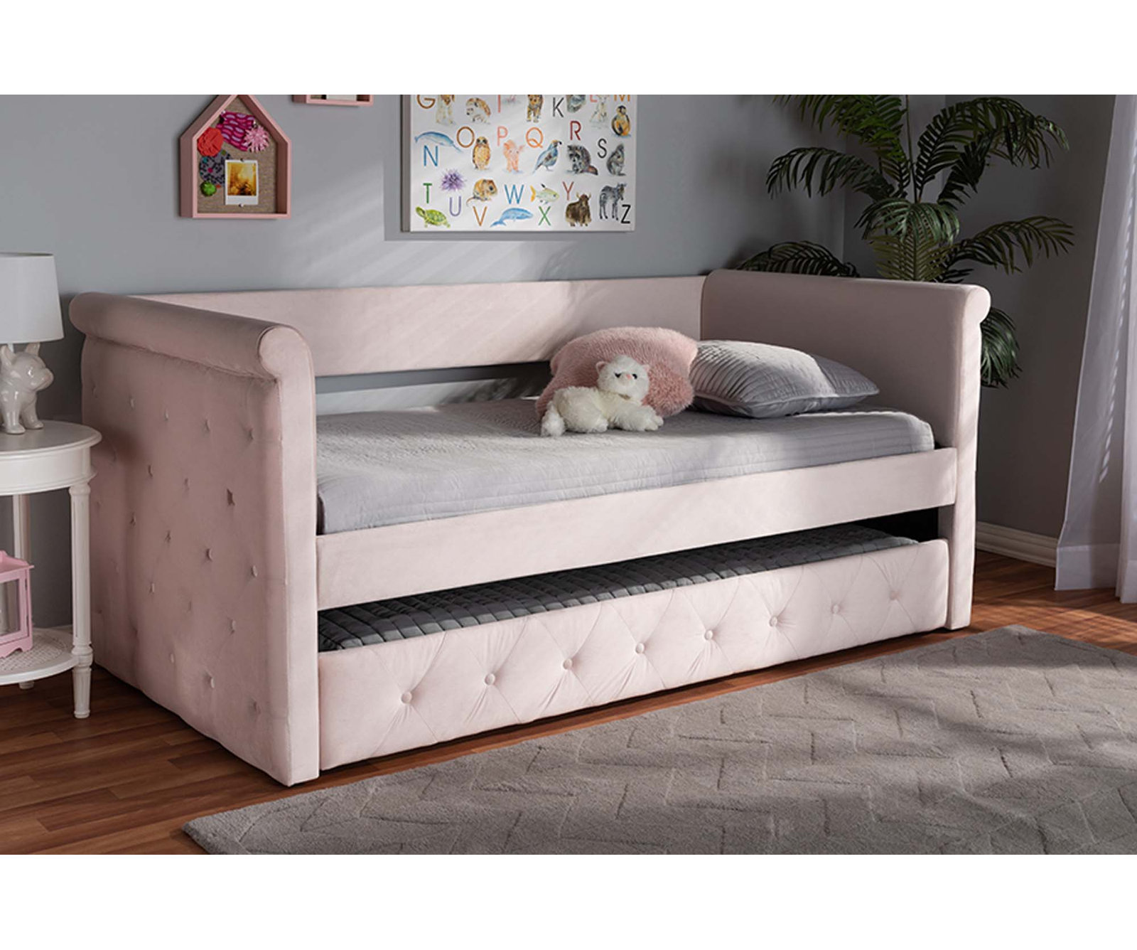 Samitha Upholstered Daybed with Trundle, Light Pink Velvet, Twin