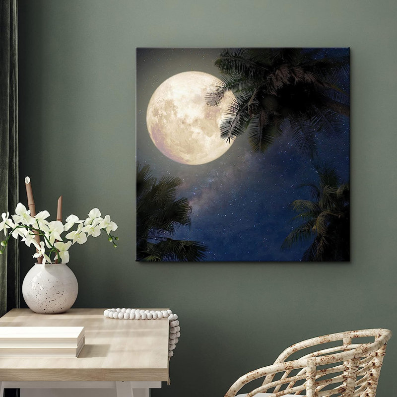 Pleine lune et étoiles sur des palmiers de la jungle tropicale sur toile, H 16 po x l 16 po x P 1,5 po