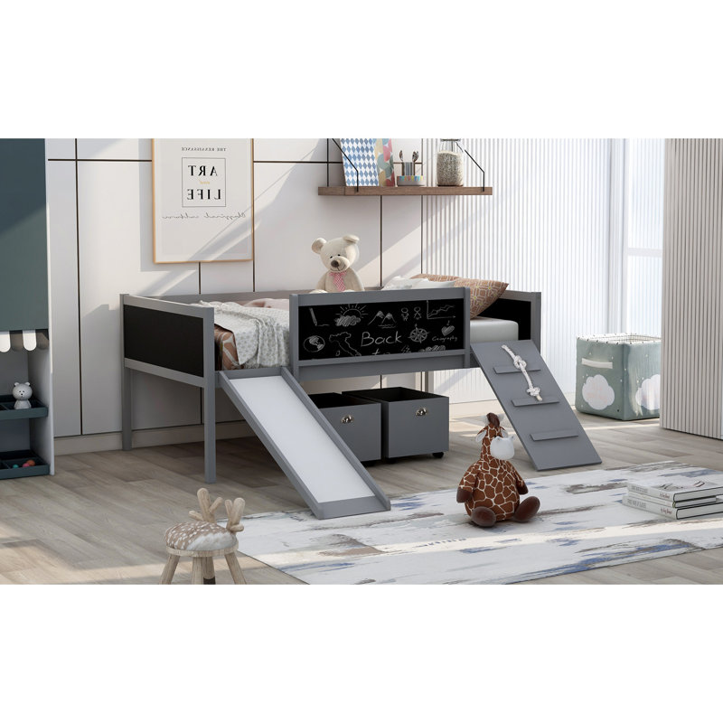 Lit mezzanine simple en bois avec deux boîtes de rangement, Gris