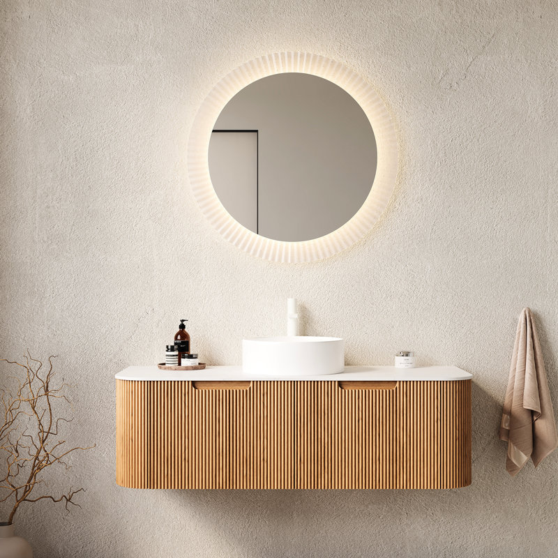 Meuble-lavabo 48 po avec design flottant, lavabo en céramique blanche, 2 tiroirs, trois textures 3D à rayures naturelles, installation facile