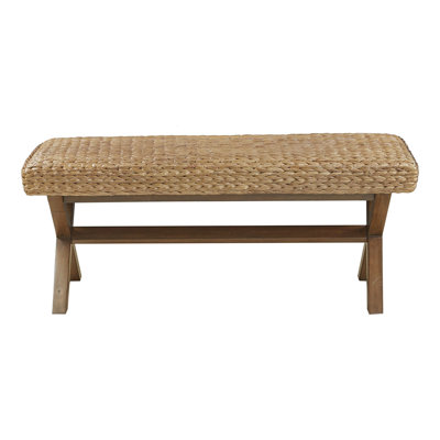 Woven Water Hyacinth Seat Bench With Chestnut Base, 45"W X 17"D 18"H, 400 Lbs Load, Lounge Wood Top, Capacity, For Outdoor Spaces, Assembly Required