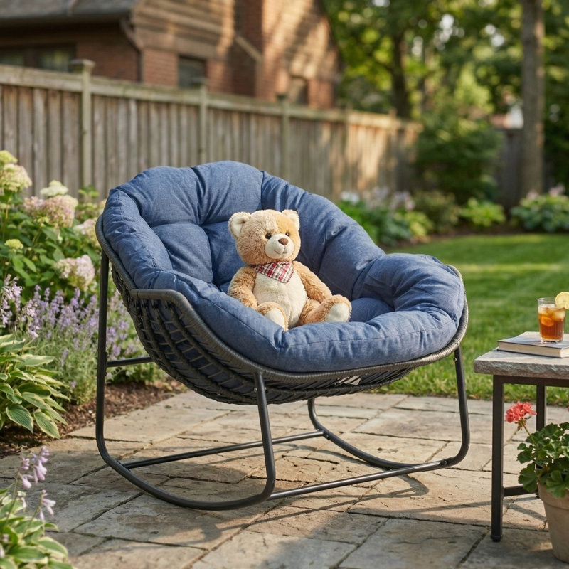 Chaise berçante surdimensionnée Papasan pour l'extérieur avec coussin moelleux, fauteuil de patio confortable, chaise berçante en osier pour balcon / porche / jardin, structure en rotin renforcé toutes saisons, support de 330 lb