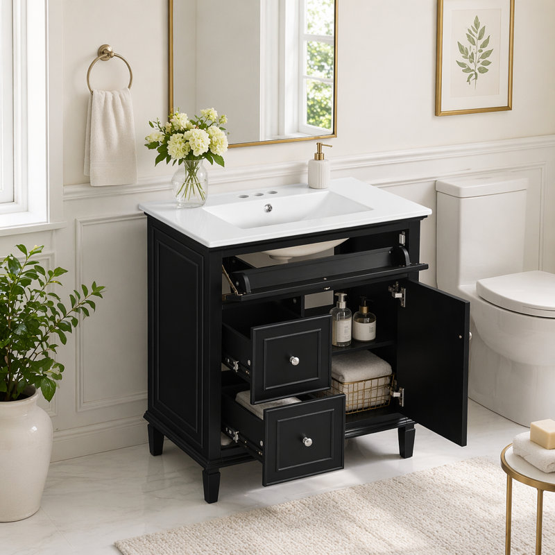 Meuble-lavabo de 30 po avec lavabo et rangement intelligent, Noir, 30