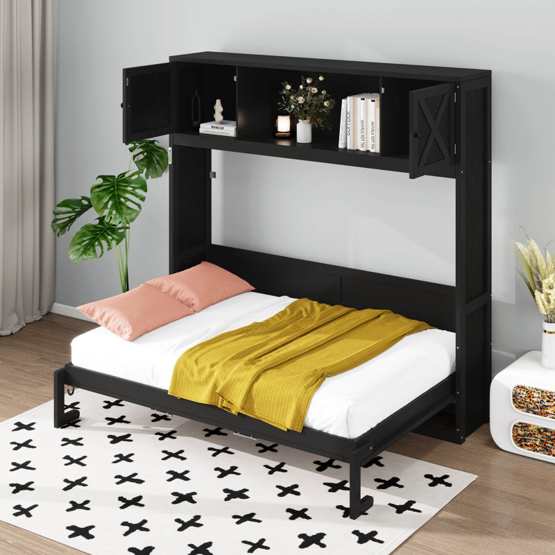 Lit escamotable double avec armoires de rangement, lit plateforme en bois massif, lit escamotable avec armoire de rangement