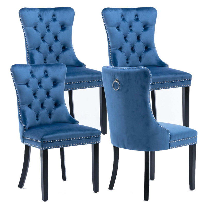 4-piece Velvet Dining Chair Set, With Pull Ring & Nailhead Trim, For Kitchen & Dining Room, Blue, 4