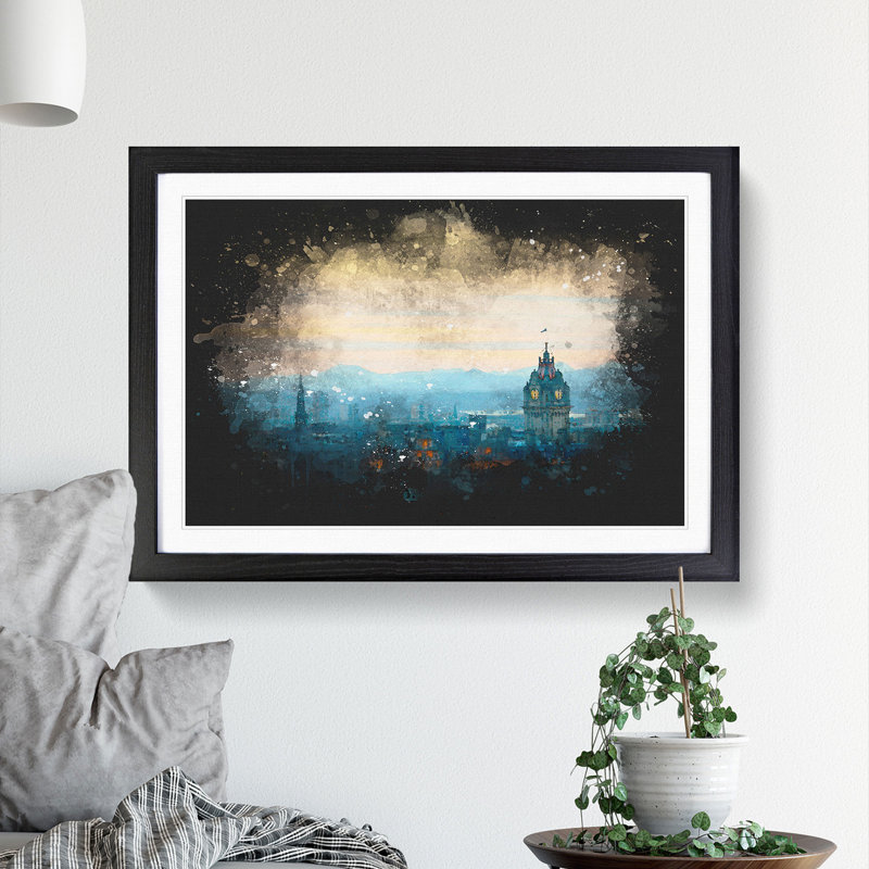 Edinburgh Skyline In Scotland Paint Splash - Framed Print, 33cm H x 45cm W x 2cm D, Black Framed