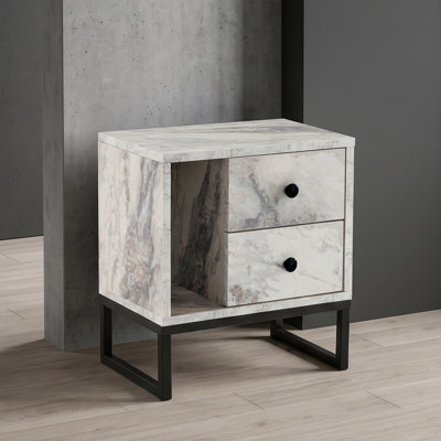 Luxe Faux Marble 2-Drawer Nightstand with Open Storage and Metal Base