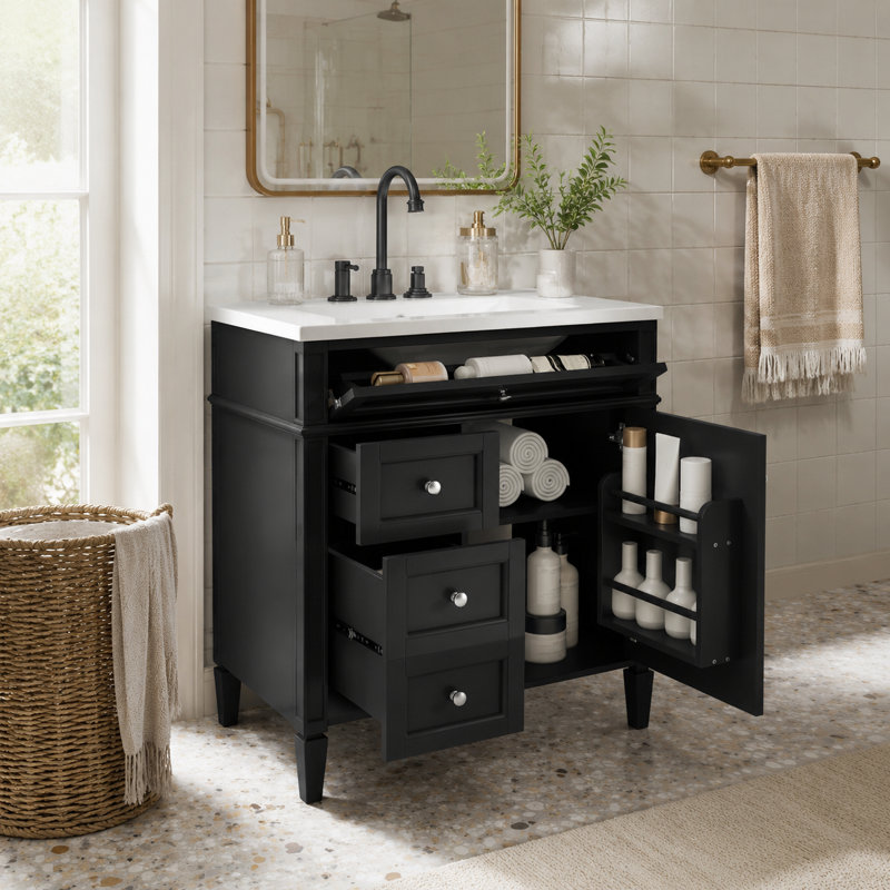 Meuble-lavabo autoportant noir mat, lavabo blanc et boutons de tiroir ronds argentés