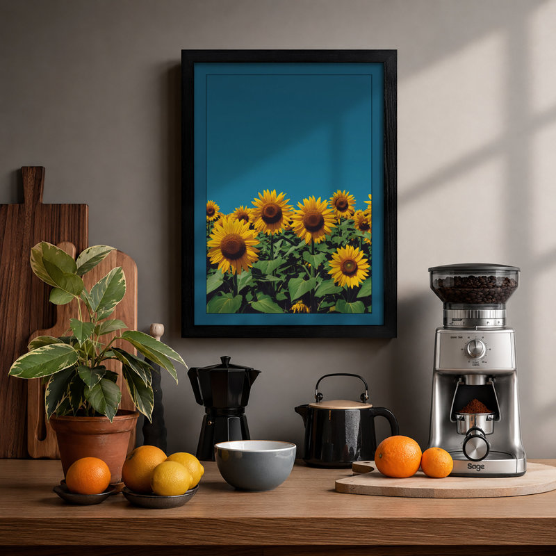Sunflowers Under Blue Sky Botanical - Print, Black, A4 - 29.7 x 21.0 cm