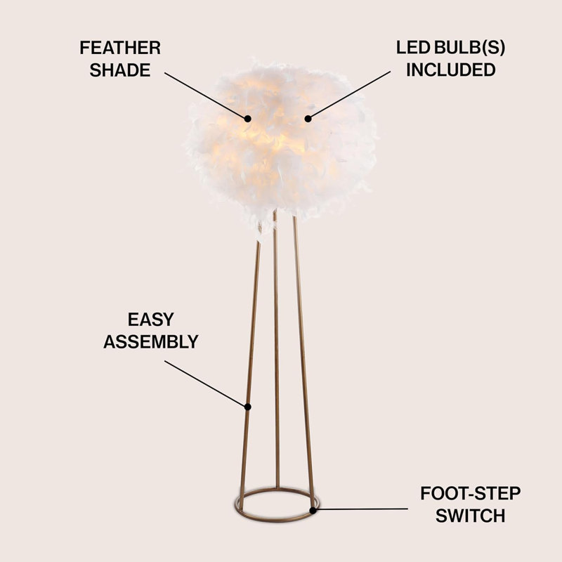 Lampe sur pied à DEL en plumes 52 po - Design bohémien moderne pour le bureau, le salon et la chambre à coucher