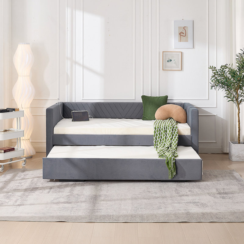 Twin Size Upholstered Daybed with Trundle,USB Port ,Side Pockets, Modern V-grained backrest Design,No Box Spring Needed, for Bedroom, Guest Room ( Grey, Twin)