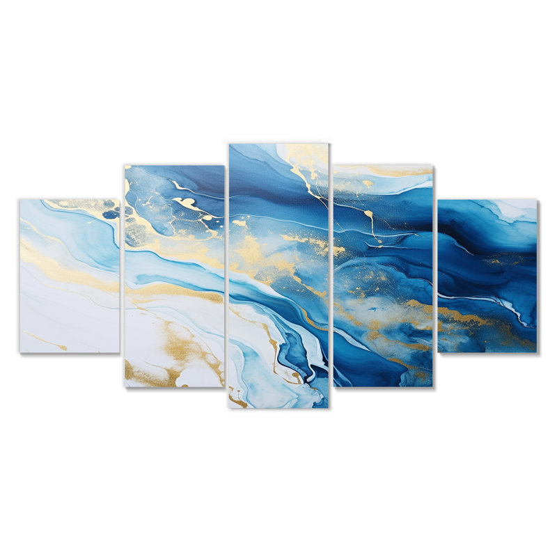 Sun Rays Ocean Blue White Gold I - Ensemble de 5 décorations murales plage et océan, H 32 po x l 60 po