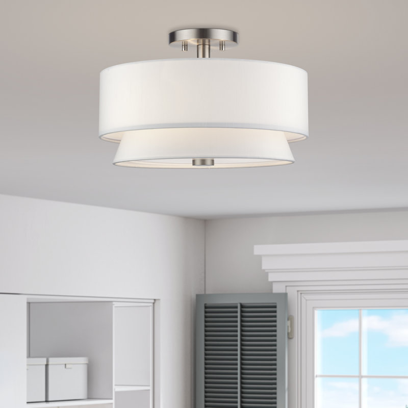 3 Light Brushed Nickel Large Semi-Flush With Hand Crafted Off-White Fabric Hardback Shades, Brushed Nickel