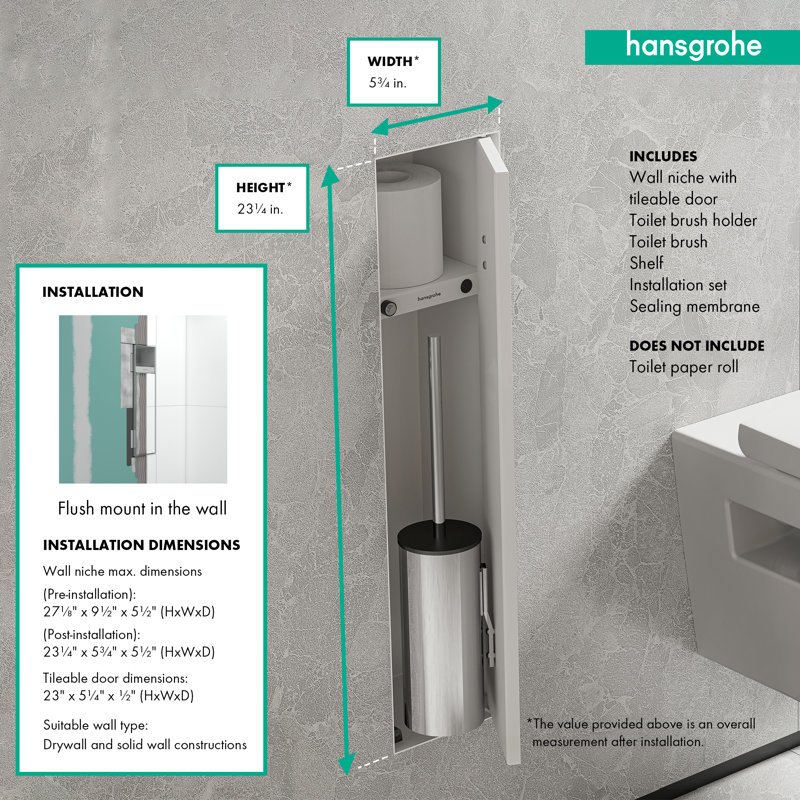 Porte-brosse de toilette encastré avec tablette et porte inclinable hansgrohe XtraStoris Rock, Blanc mat