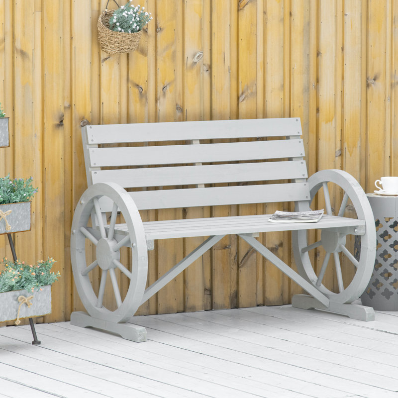 Outdoor 2 Bench With Rustic Wooden Wagon Wheel, Gray, Weather Resistance, , Solid Fir Wood Construction 41" Gray Wheel Patio Bench, Style, Seat,
