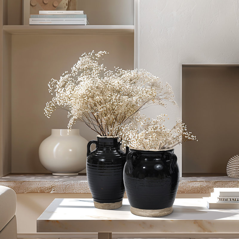 Clarrie Black Vintage Amphora Table Vase Set of 2, Stoneware Decorative Urn Vase with Handle
