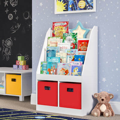 RiverRidge Kids Bookshelf and Toy Storage Organizer with 4 Bookracks and 2 Cubbies for Playroom, Nursery, and Reading Nook - White with 2 Fabric Bins