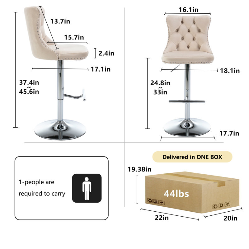 Beige Velvet Swivel Bar Stools with Chrome Base, Set of 2