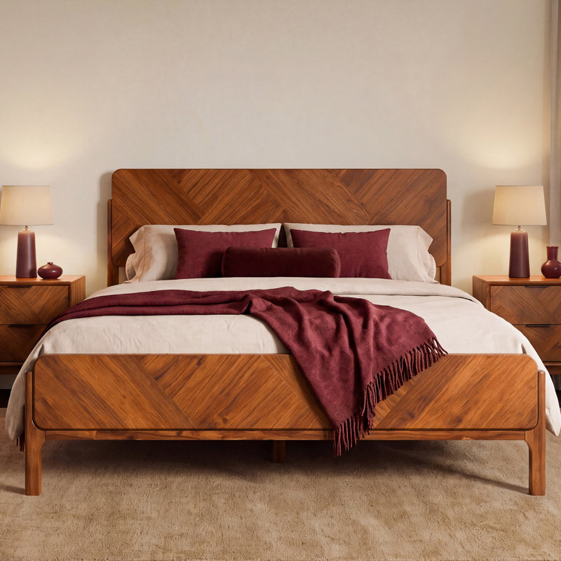 Bifrost 100% Solid Acacia Wood Platform Bed With Tall Headboard And Footboard, Mid-Century Art Deco Design, No Box Spring Needed, Sturdy Slat Support, Scratch & Water-Resistant