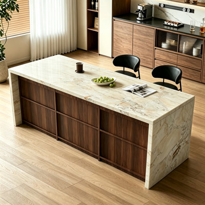 Mid-Century Kitchen Island with Marble Top, Kitchen Storage Cabinet, Large Countertop, Recessed Handles, Freestanding Kitchen Workstation for Dining a