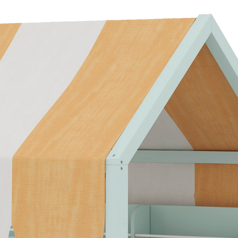Full Size House Loft Bed With Canopy & Slide, Built-In Bookshelves, Playhouse Loft Bed With Storage, Light Green