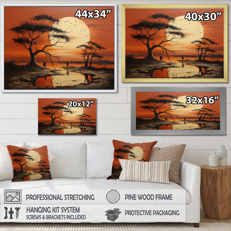 African Tribal Sunset I Framed On Canvas Print, 30" H x 40" W x 1.5" D, White Floater Framed