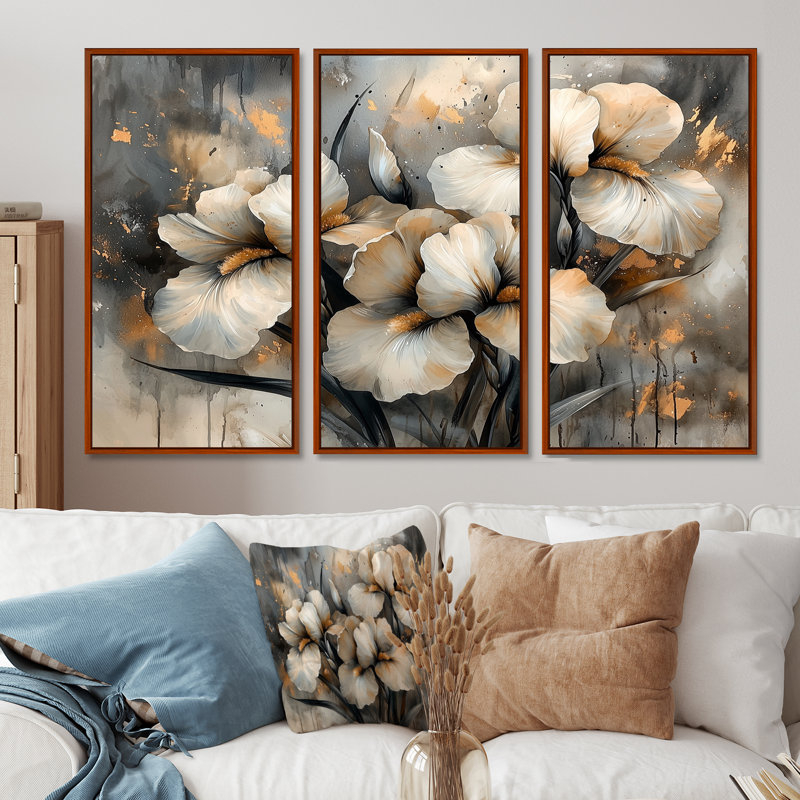 Jaune et gris iris Desire II - art mural iris - ensemble de 3, Brun, H 28 po x l 36 po