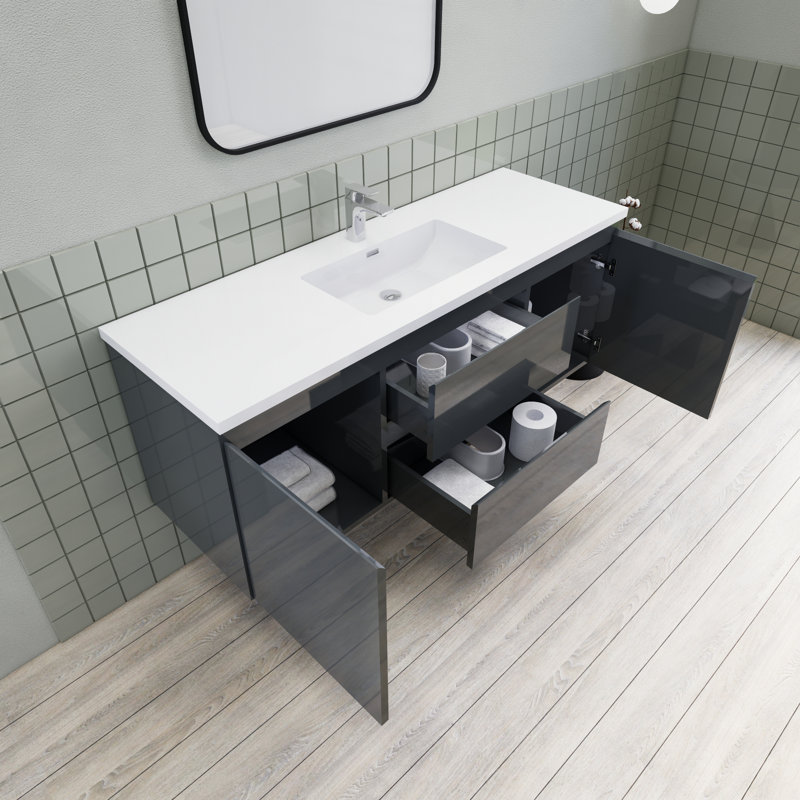 Meuble-lavabo de salle de bain flottant 60 po Alcester Ivy Bronx, Gris brillant