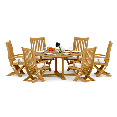 7 Pcs Grade-A Teak Wood Dining Set: 60" Round Table And 6 Warwick Reclining Arm Chairs #11Wa1206
