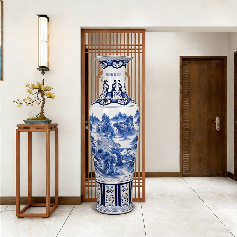 70.87"Jingdezhen ceramic hand-painted blue-and-white landscape floor-standing large vase decoration piece