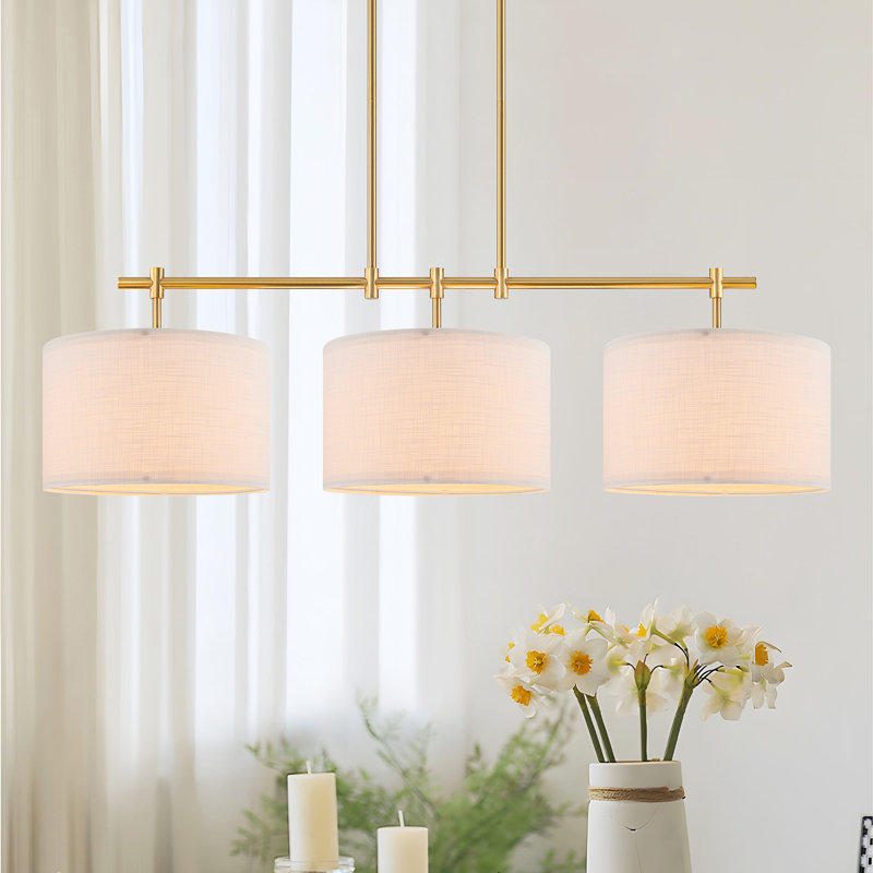 Konur 3 - Light Fabric Linear Kitchen Island Pendant Light with Drum Shade, Gold