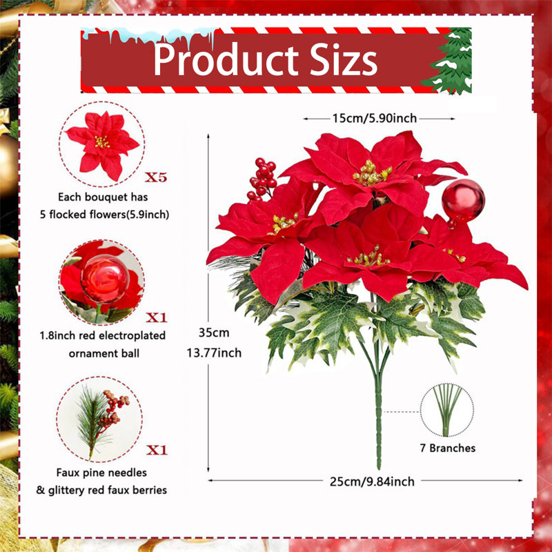6 pièces de velours de Noël à 7 têtes, aiguilles de pin, boules colorées, poinsettia, paquet