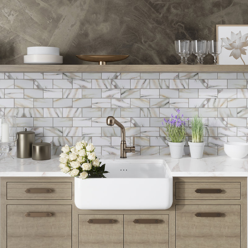 3" x 6" Glass Brick Joint Mosaic Wall & Floor Tile, Calacatta