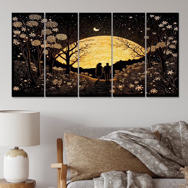 Arbres de pleine lune magiques campagne III - Art mural sur toile forêt - 5 panneaux égaux