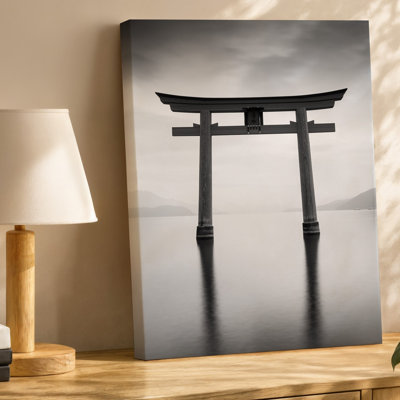 Canvas A Serene Black And White Landscape Featuring A Traditional Japanese Wall Art Torii Gate Standing Gracefully In Calm Waters Canvas Wall Art
