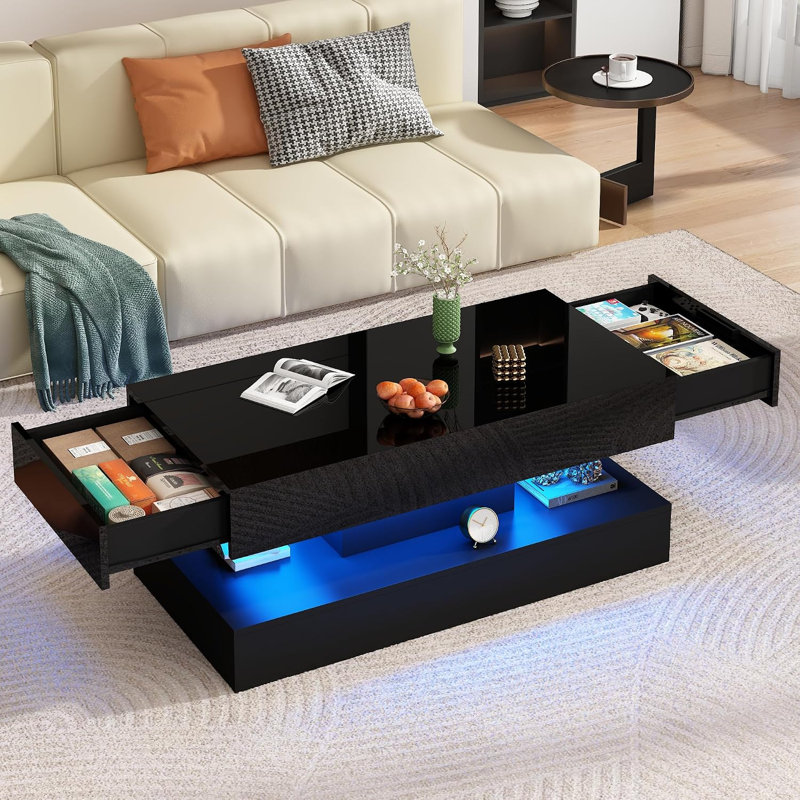 Table basse de 39,4 po moderne à DEL ultrabrillante avec 2 tiroirs de rangement, lumière centrale RVB de contrôle APP, imperméable et résistante aux égratignures