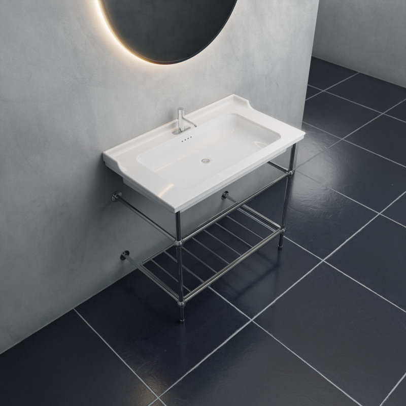 Lavabo de salle de bain console Fireclay, Simple, Chrome